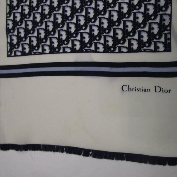 2 Silk Scarfs Logo Navy Oblong Rolled Hem French Designer - Picture 6 of 16